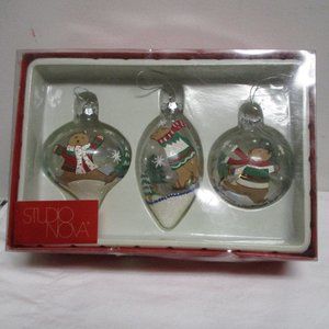 Hand Painted Glass Ornaments Ice Skating Bears Set of 3 Boxed Like New